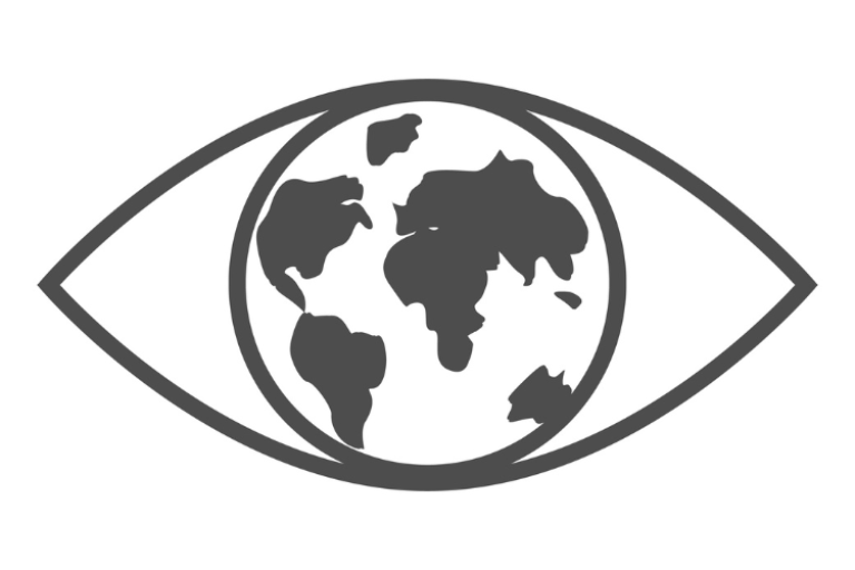 Outline of an eye with a pattern of the world map inside