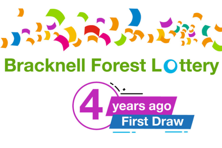 Graphic with confetti and the words 'Bracknell Forest Lottery 4 years! ago first draw