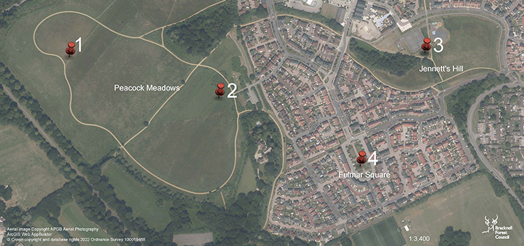 Map of the four locations for the new artwork - two in peacocks meadow, one in Fulmar Square and one in Jennett's Hill