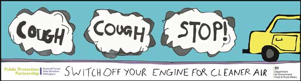 Bumper sticker design with the words: cough, cough, stop! switch off your engine for cleaner air.