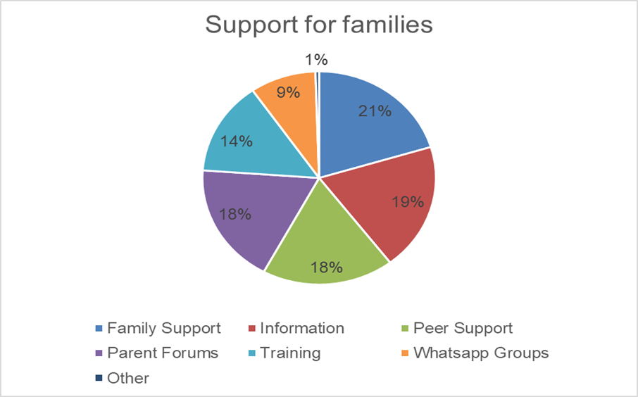 Chart showing where families find support. Family Support 20%. Information 19%. Peer Support 18%. Parent Forums 18%. Training 14%. Whatsapp groups 9%. Other 0.5%.