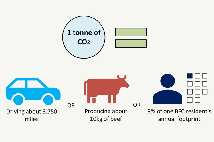 1 tonne of CO2 = Driving about 3,750 miles or producing about 10kg of beef or 9% of one BFC resident's annual footprint