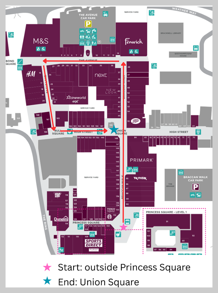 Map of lantern parade route at The Lexicon Bracknell starting outside Princess Square and ending in Union Square