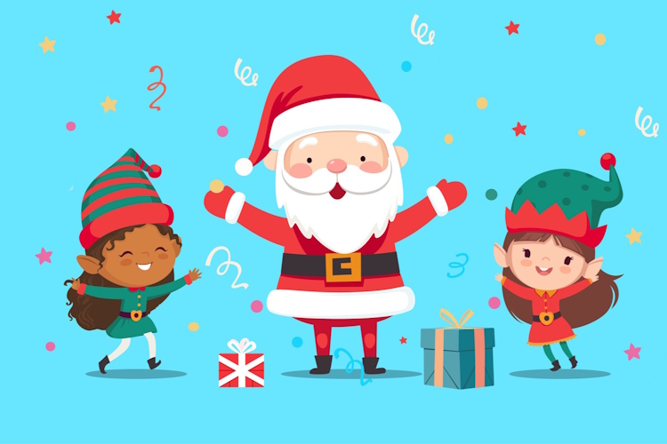 An illustration of Father Christmas with two small children dressed as elves.