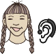 Illustration of a young, smiling girl with long plaits. Next to her is a hearing aid symbol.