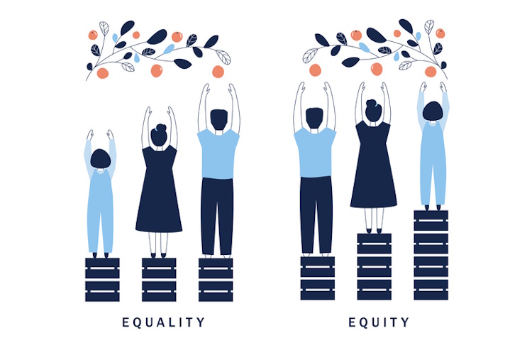 Two illustrations showing difference between equality and equity. In each, there are three people of different heights reaching for fruit on a tree. In the illustration for equality, all three are stood on a single box, so only the tallest figure can reach the fruit. In the illustration labelled equity, the three figures have different numbers of boxes, so they can all reach the fruit.