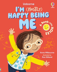 The cover of "I'm (Mostly) Happy Being Me". It shows an illustration of a little boy with dark hair wearing glasses and a yellow jacket.