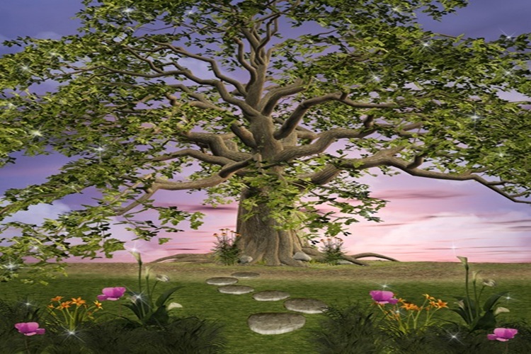A large sprawling tree with a stone path leading toward it, set against a pink and purple sky with flowers in the foreground
