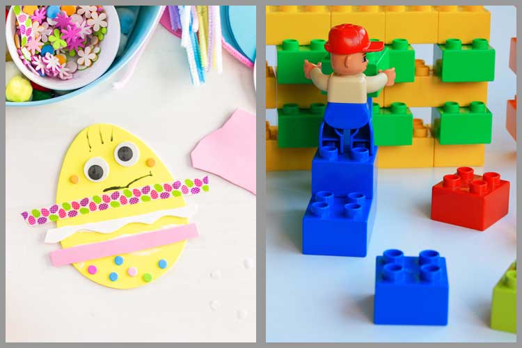 Side‑by‑side images showing a decorated foam Easter egg craft and a toy figure climbing large interlocking plastic blocks