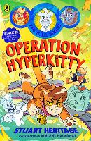 Colourful illustrated book cover titled Operation Hyperkitty by Stuart Heritage, showing cartoon cats in action with bold yellow and red lettering