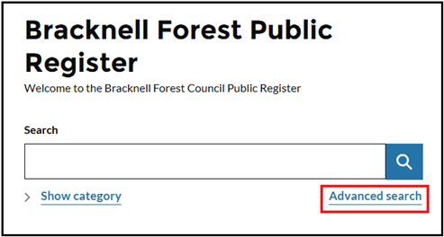 Search bar showing location of advanced search link underneath. Link is enclosed by a red board.