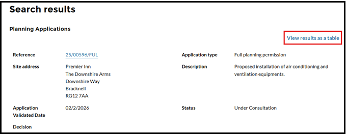 Location of view results of table link. Link is enclosed by a red boarder.