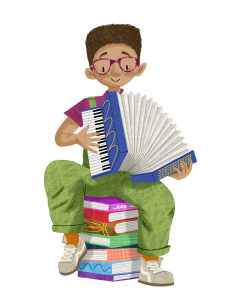 A colourful illustration of a boy with brown skin and sparkly pink glasses sitting on a stack of books and playing and accordion.