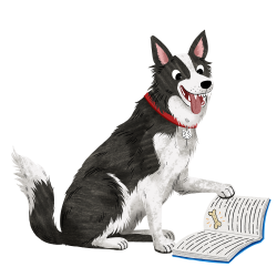 An illustration of a collie dog reading a book.