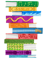 An illustration of a stack of brightly coloured books. Many of the books have musical themes on the spines.