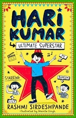 Cover of Hari Kumar: Ultimate Superstar showing a cartoon child standing on a red star with colourful doodles and bold, playful title text on a bright yellow background.