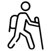 A simple icon of a person hiking with a stick and backpack.