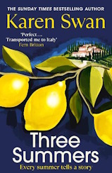 Cover: Three Summers by Karen Swan. It shows a branch covered in ripe lemons, behind which is an Italian villa over a dark blue background.