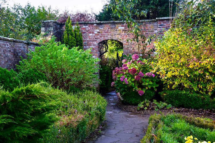 A path leading through a vibrant garden leads to an old, arched doorway.