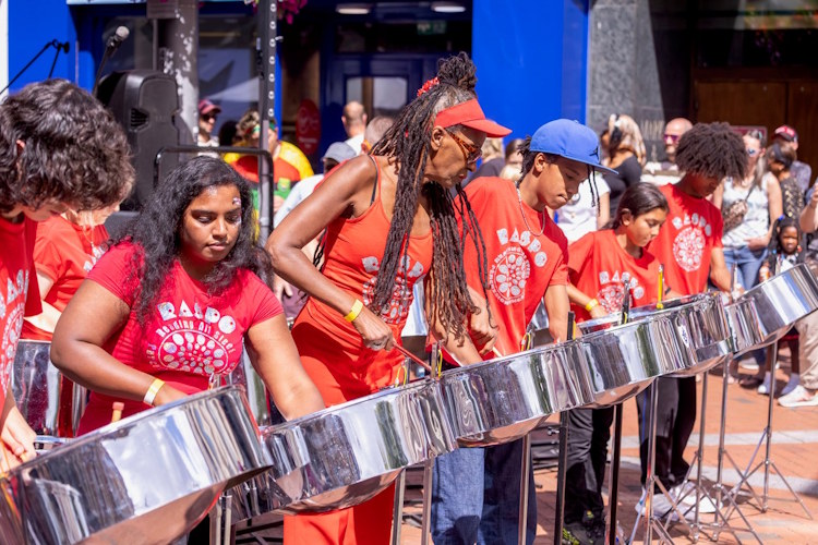 A row of people play steel pan drums in the sunshine.
