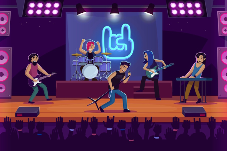 An illustration of a rock band performing on stage.