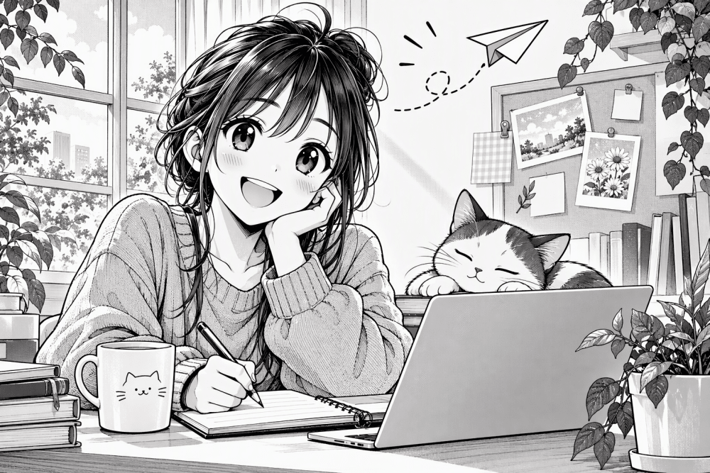 Manga style illustration of a young femal writing in a notebook at a desk with a laptop, a sleeping cat and houseplants nearby.