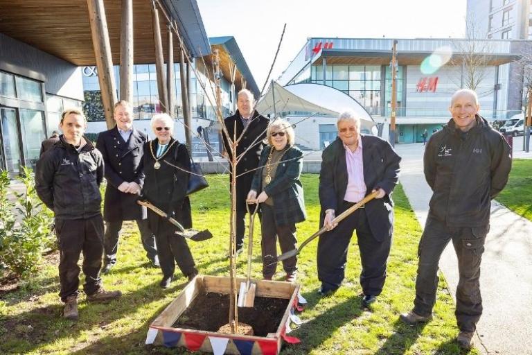 Councillors standing behind the newly planted tree at The Lexicon