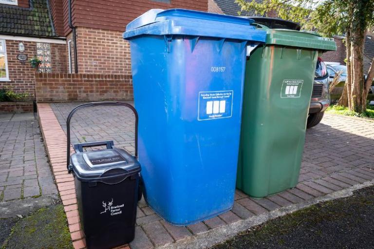 food waste bin, blue recycling bin and green refuse bin