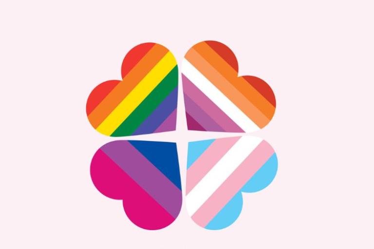 A pink background with four hearts facing together made of different colours from the pride progress flag.