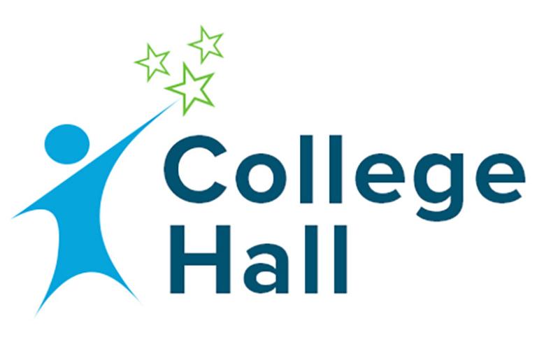Logo saying College Hall with blue figure pointing at green stars