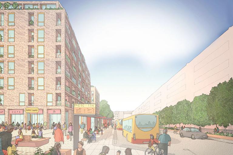 Artist's impression of a street scene including buildings, bus and people walking