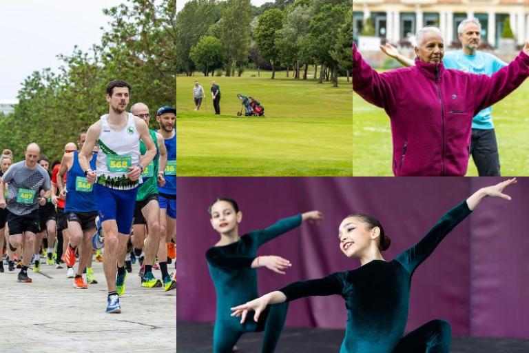 collage of images showing people doing different sports activities