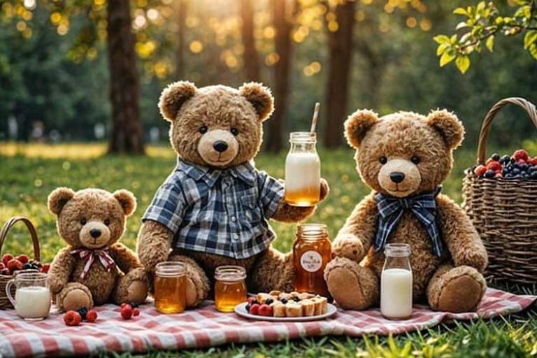 Teddy bears having a picnic in a forest