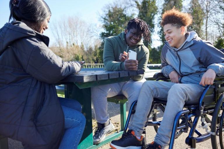 three people sat at a park table one in a wheel chair