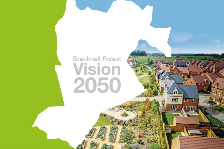 Bracknell Forest Vision 2025 with images of houses behind a graphic map outline of the boroug