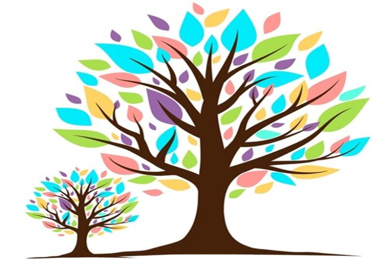 Colourful drawing of a large tree and small tree
