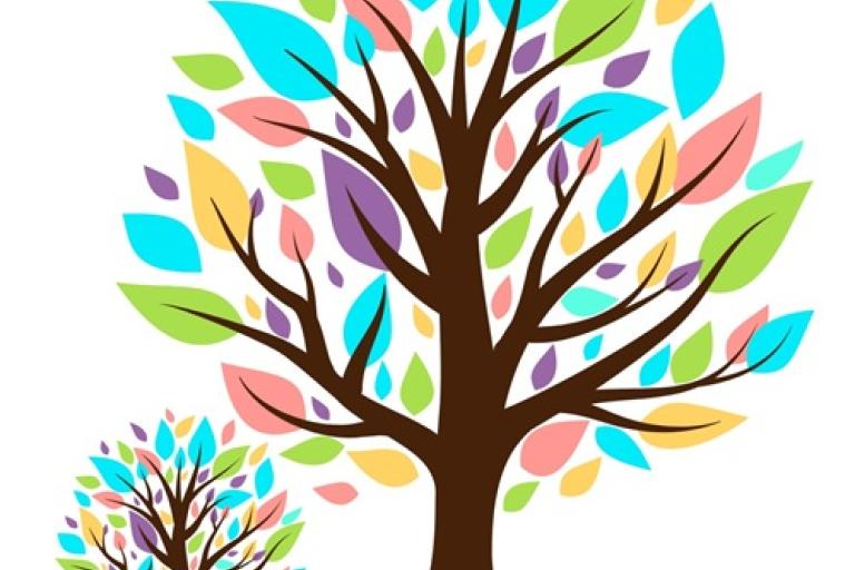 Two stylized trees with brown trunks and multicoloured leaves on a white background