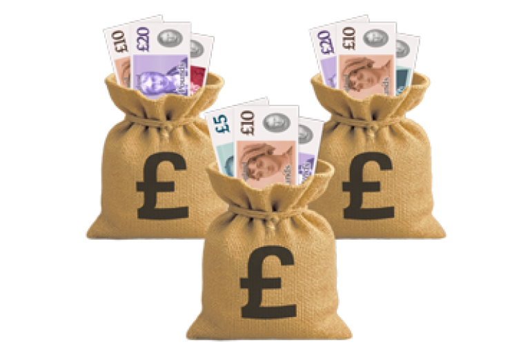 Three burlap sacks filled with British pound sterling banknotes.