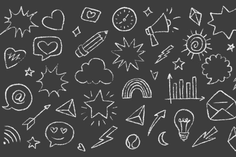 A graphic of a chalkboard with various drawings including hearts, rainbows, clouds, speech bubbles, graphs and smiley faces