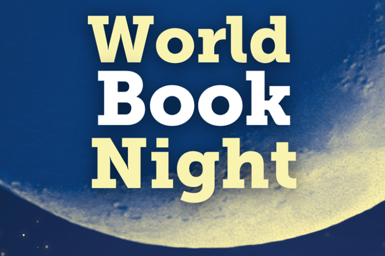 'World Book Night’ over a blue and yellow moon‑themed background
