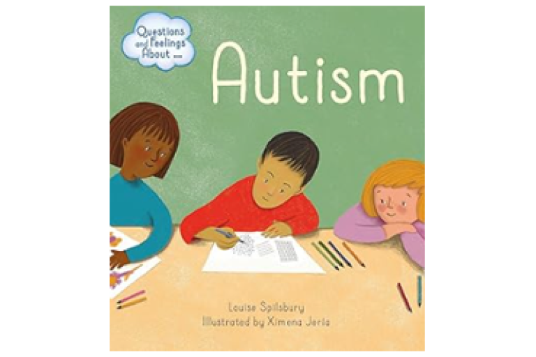 Child book cover: Autism. 3 children at a table with pencils.