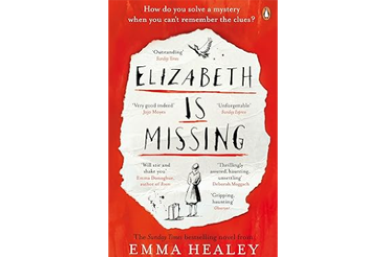  Book cover tit“Elizabeth Is Missing” with a torn paper design on a red background
