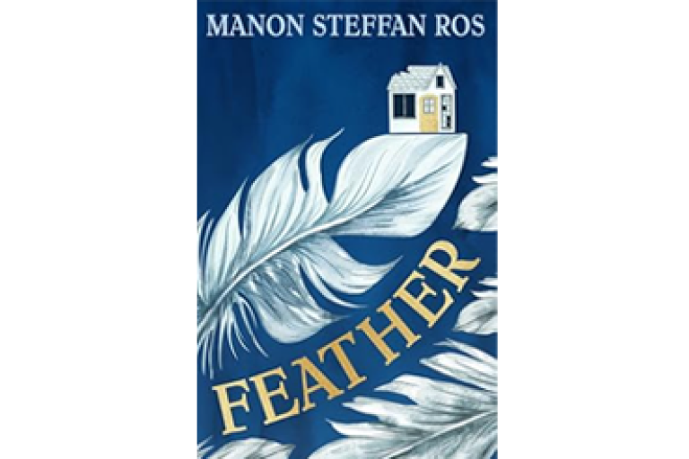 Book cover titled “Feather” with white feathers on a dark blue background and a small house illustration
