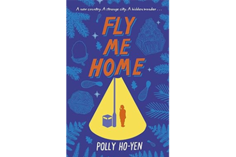 Book cover titled “Fly Me Home” with a silhouetted figure in a spotlight against a blue patterned background