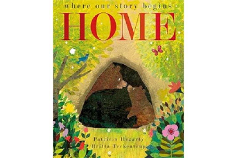 Illustrated book cover titled “Home” showing animals nestled inside a tree surrounded by colorful flowers