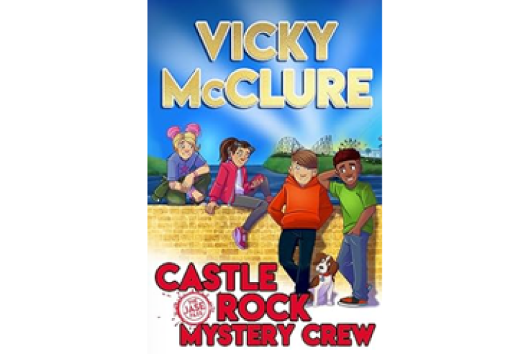 Illustrated book cover titled “Castle Rock Mystery Crew” showing a group of children leaning on a wall with a dog