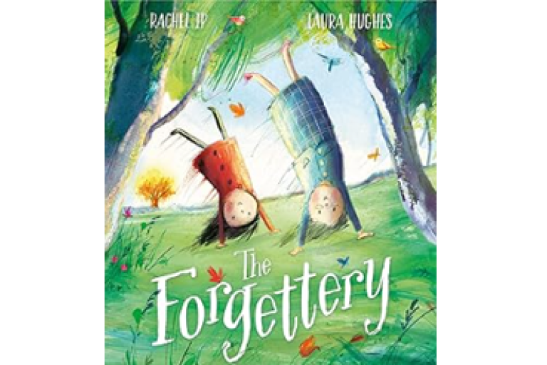 Illustrated book cover titled “The Forgettery” showing two characters hanging upside down in a whimsical forest