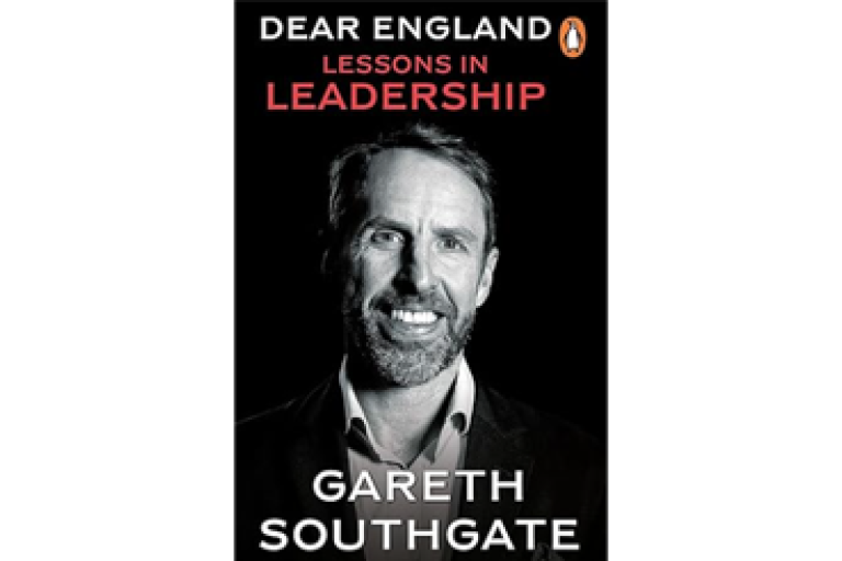 Black-and-white book cover titled “Dear England: Lessons in Leadership,” featuring a portrait and the name Gareth Southgate