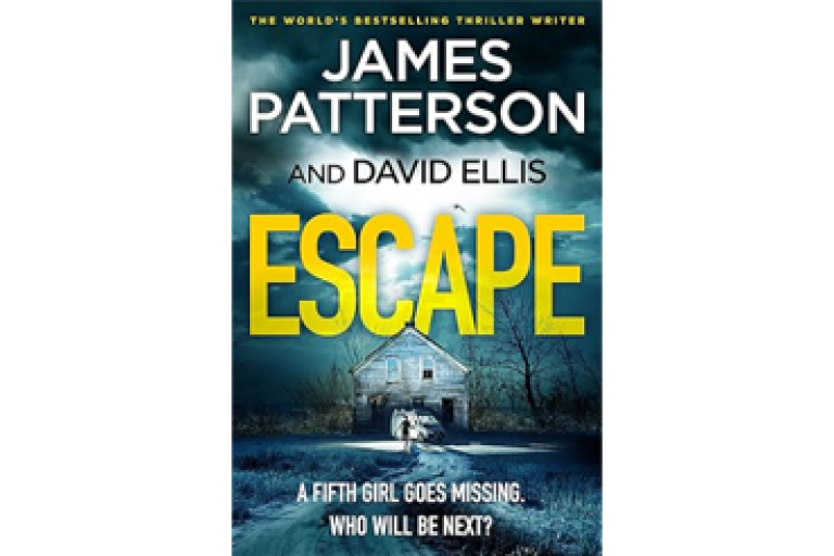 Dark thriller book cover titled “Escape” by James Patterson and David Ellis, featuring a small house under a cloudy sky with bold yellow title text