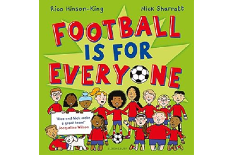 Bright illustrated book cover titled “Football Is for Everyone,” showing diverse cartoon children in red kits and a football with playful lettering